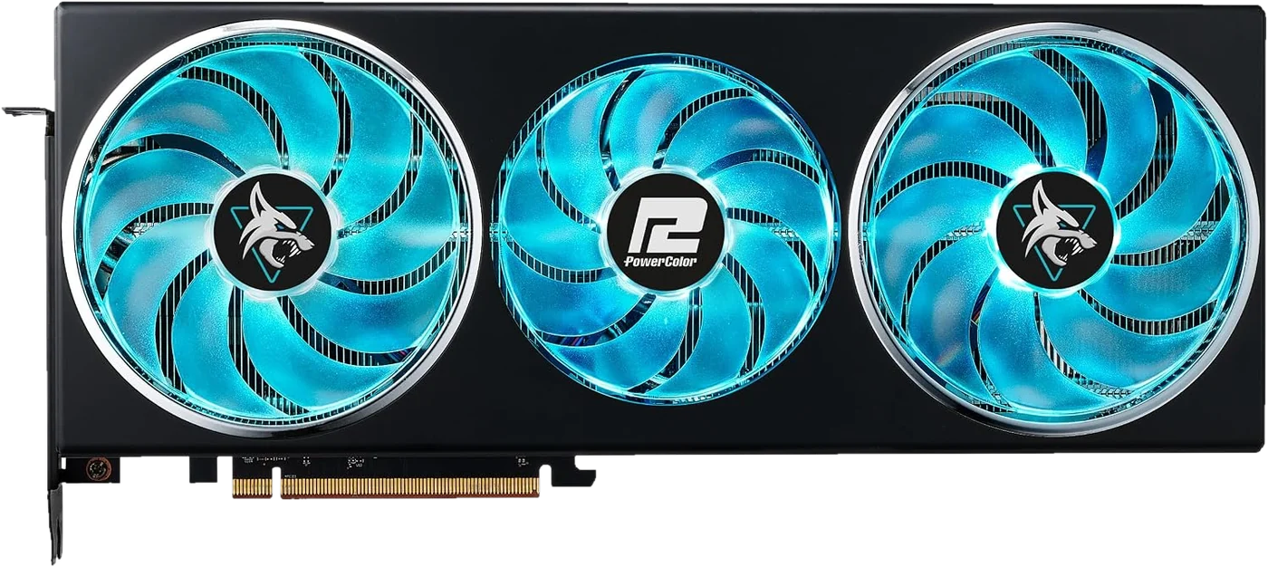 Front of the Hellhound graphics card: black shroud with three aqua LED fans
